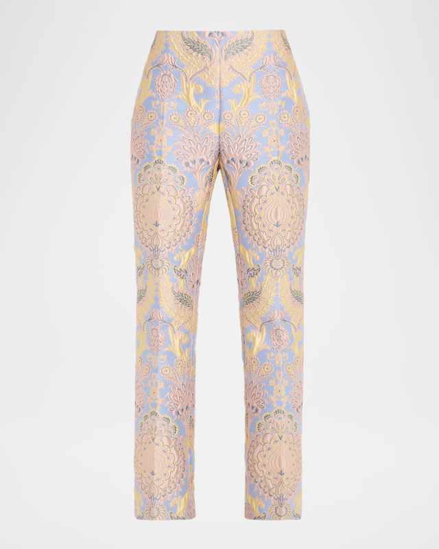 Floral Brocade Straight-Leg Ankle Trousers